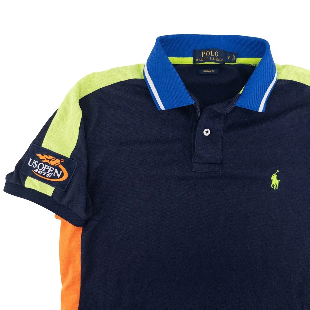 Polo Ralph Lauren Mens Small Polo Shirt Navy Blue US Open 2015 Colorblock Tennis